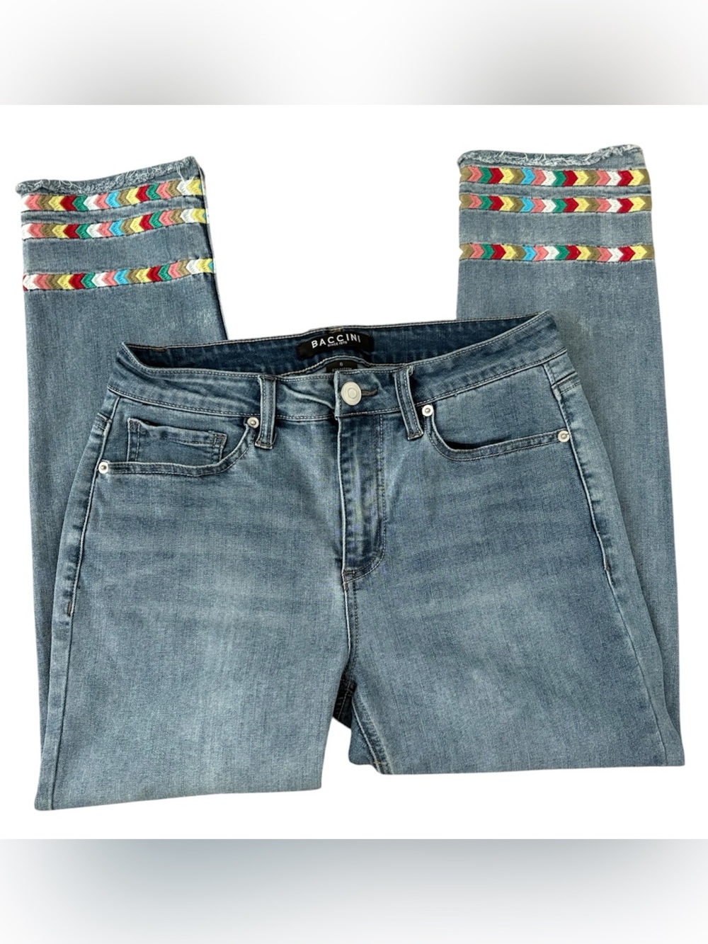 Boho Colorful Embroidered Straight Leg Crop Denim Jeans